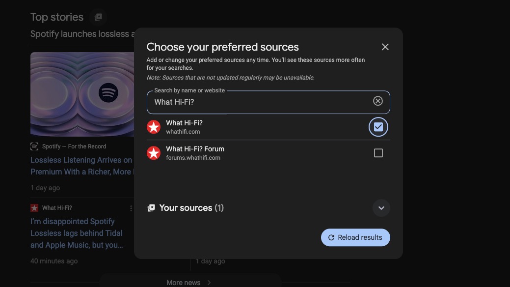 A screengrab of the Google preferred sources feature with What Hi-Fi? as a preferred source and the option to reload results.