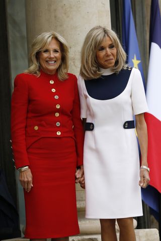 Jill Biden wearing Schiaparelli to meet Brigette Macron in France