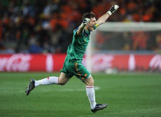 Spain goalkeeper Iker Casillas celebrates Andres Iniesta's goal in the 2010 World Cup final against the Netherlands in South Africa.