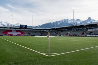 A general view of the Stockhorn Arena in front of Swiss Alps before the FIFA Women's World Cup 2023 Qualifier group G match between Switzerland and Italy at Stockhorn Arena on April 12, 2022 in Thun, Switzerland.