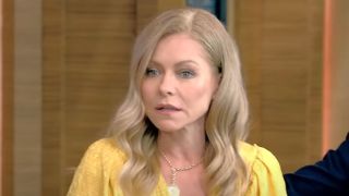 Kelly Ripa in yellow dress on Live with Kelly and Ryan