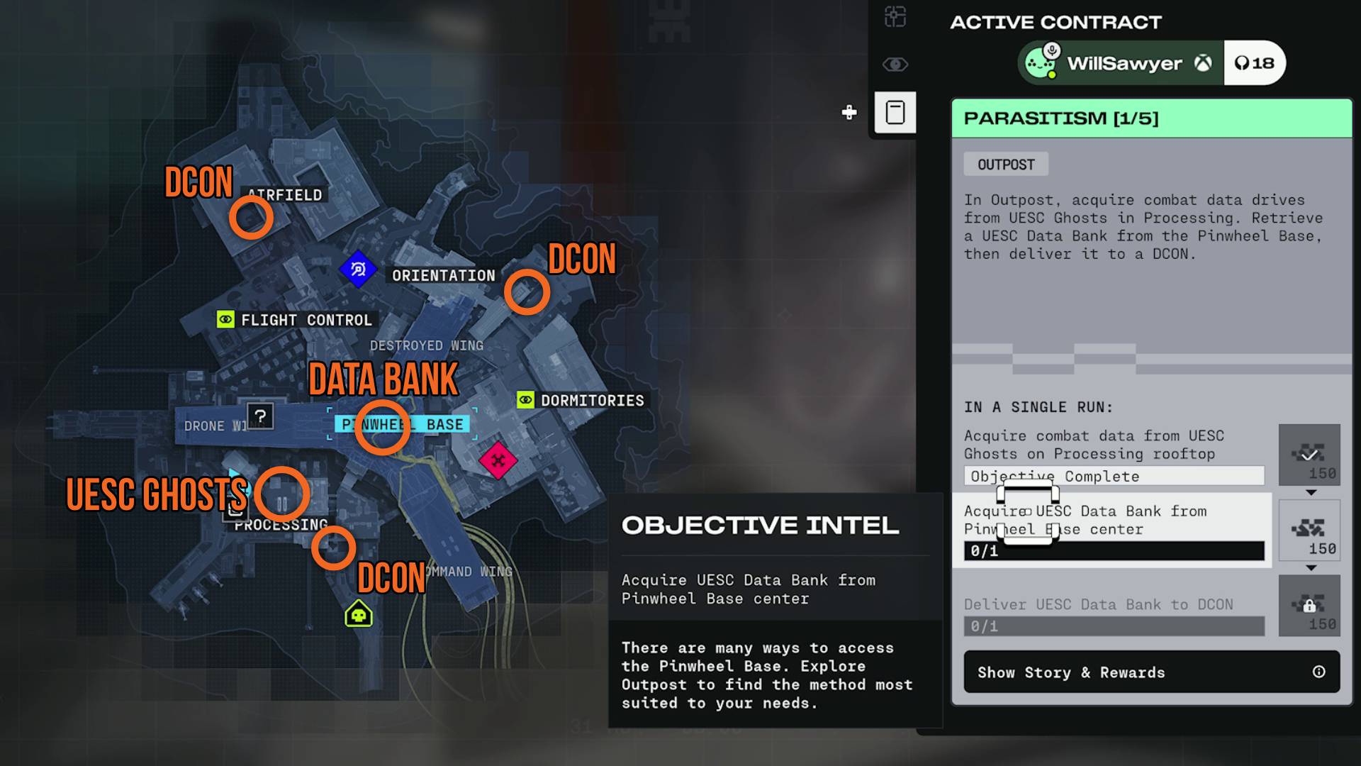 Marathon Parasitism contract outpost map showing ghosts, pinwheel base data bank, and dcons
