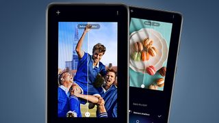 Två mobiler som visar bilder som redigeras i Samsung Galaxy Enhance X-appen.