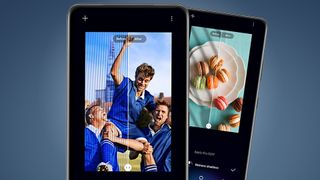 Two phones showing photos being edited in the Samsung Galaxy Enhance X app