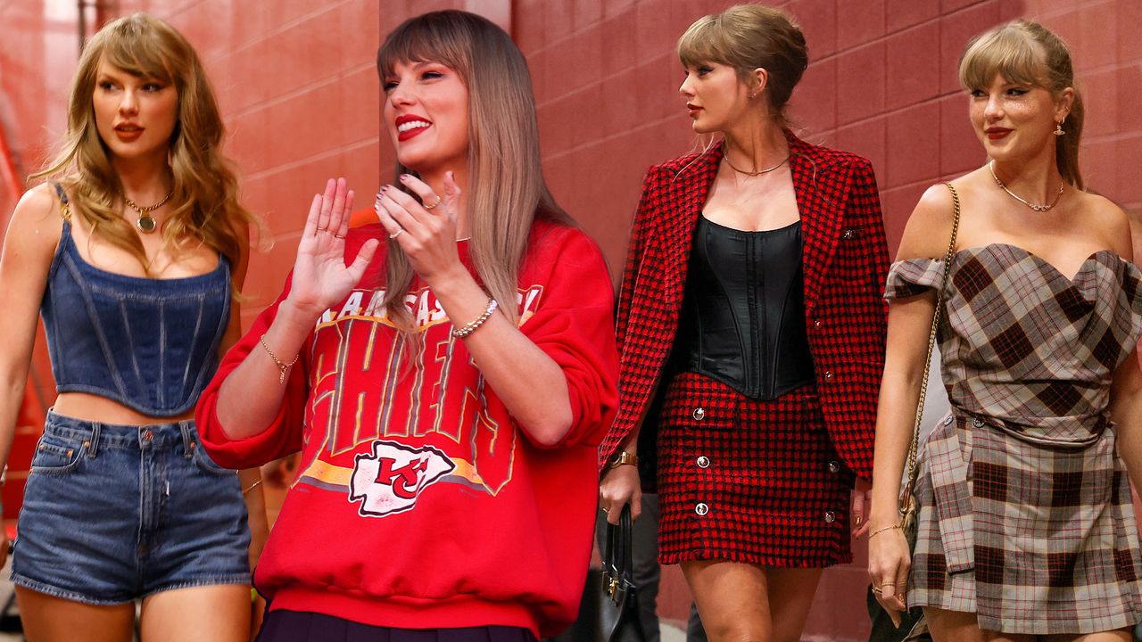 a collage of taylor swift attending chiefs games in 2023 and 2024 wearing chiefs themed outfits