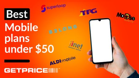 Red/orange background with white text that says Best Mobile plans under $50 with GetPrice logo underneath and an image of someone holding a smartphone on the right hand side with logos of lots of mobile providers around it