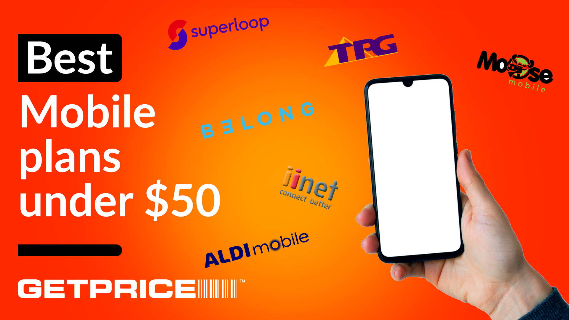 Red/orange background with white text that says Best Mobile plans under $50 with GetPrice logo underneath and an image of someone holding a smartphone on the right hand side with logos of lots of mobile providers around it