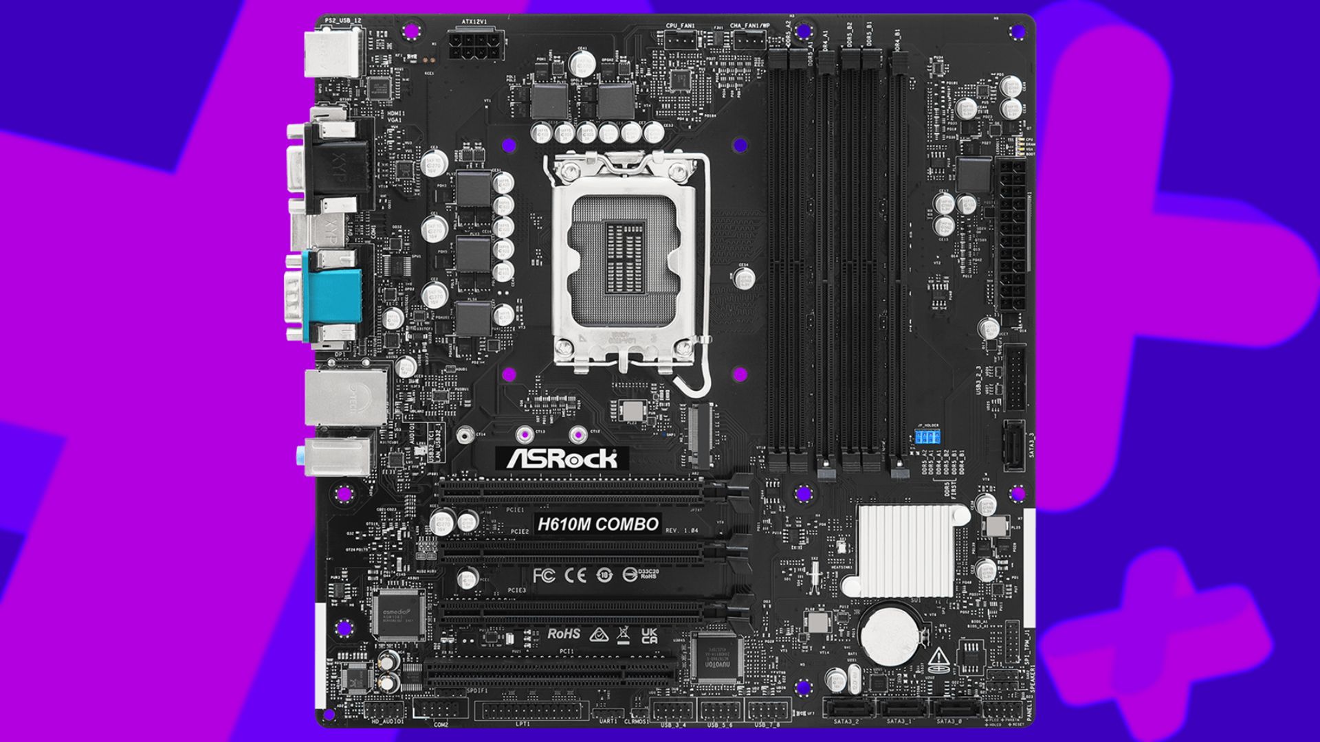A close up of the ASRock H610M COMBO motherboard