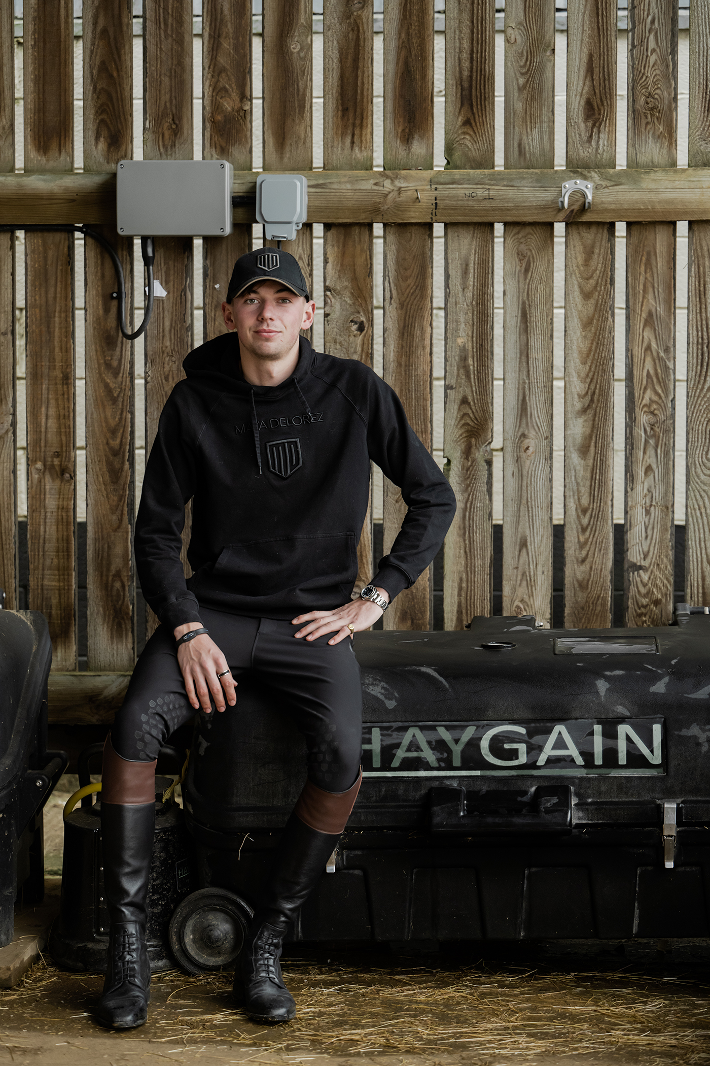 Joe Stockdale sitting on a Haygain hay steamer