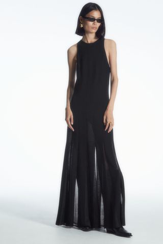 Pleated Racer-Neck Maxi Dress