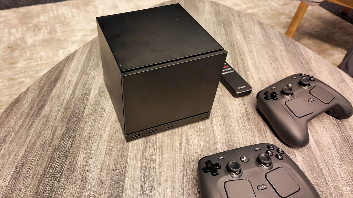 Valve's new Steam Machine during a visit to Valve HQ in Bellevue, Washington. The Steam Machine is a compact living room gaming PC.