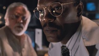 Samuel L. Jackson sits in front of a computer in Jurassic Park