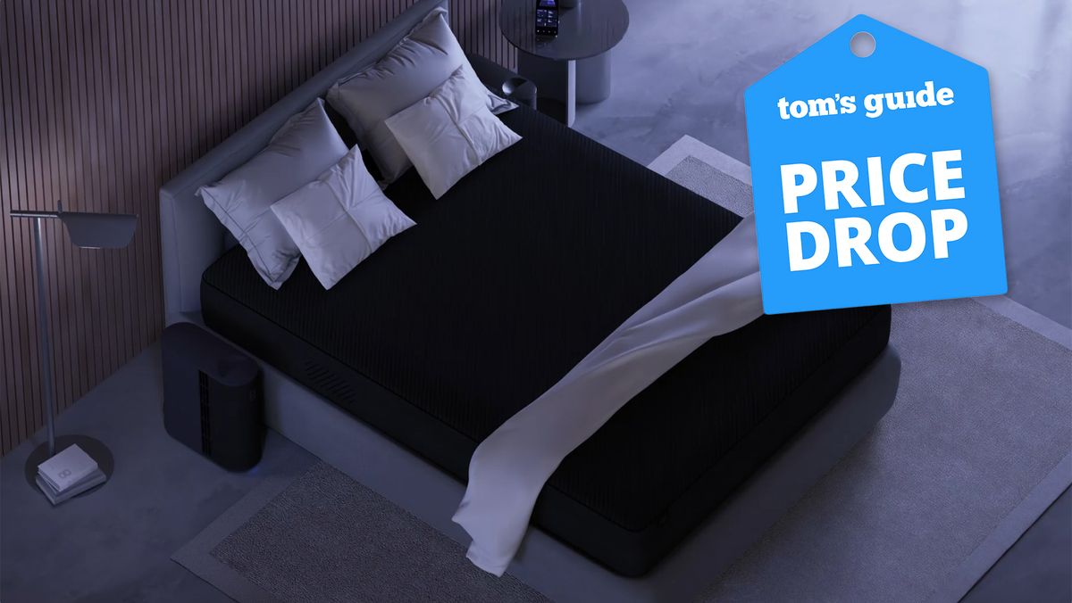 The Eight Sleep Pod 4 smart cover on a mattress in a bedroom, with the Pod 4 smart Hub next to the bed. A Tom&#039;s Guide price drop deals graphic (right)