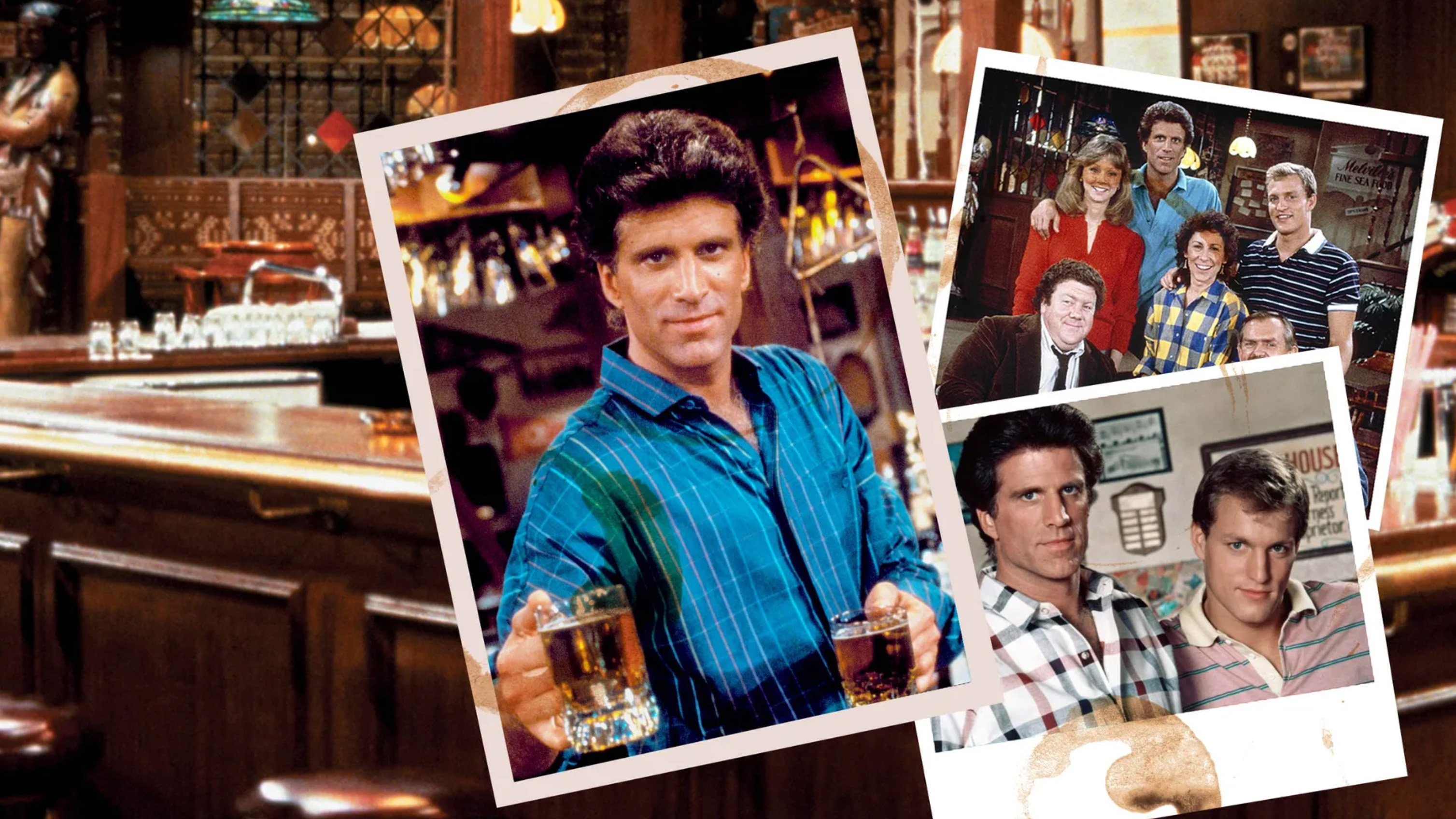 Snapshots above the Cheers bar, including Ted Danson as Sam Malone, alongside many of the show's regulars.