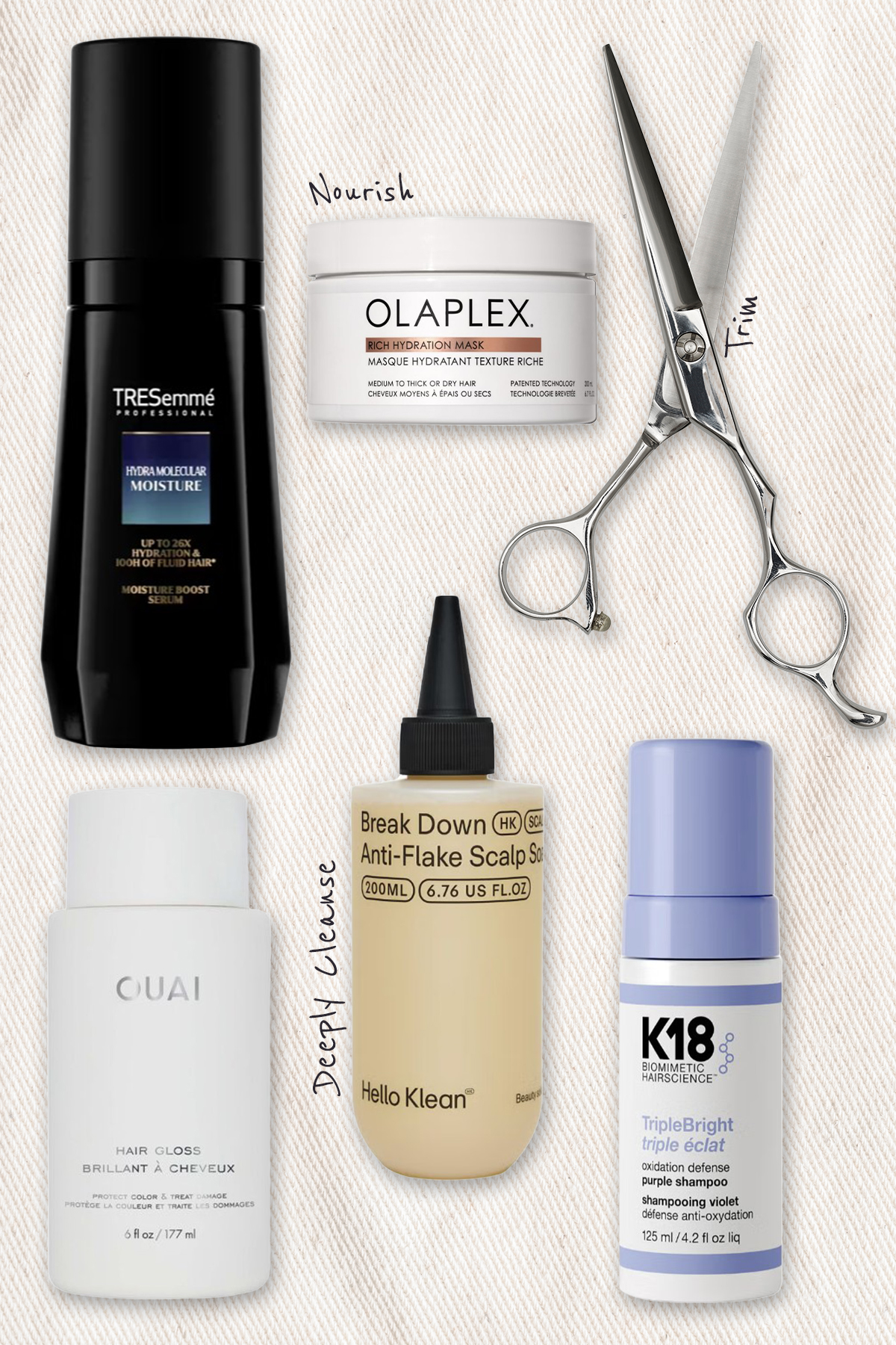 A collage of beauty products from Tresemme, Olaplex, Ouai, Hello Klean and K18