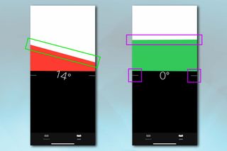 Screenshots of an iPhone in the process of enabling and using the Measure app as a level - here showing a saved angle being repeated