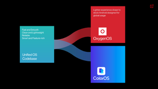 A graphic from a OnePlus forum post explaining the relationship between the company's OxygenOS operating system and sister company Oppo's ColorOS. The graphic shows the two operating systems springing from the same codebase, described as fast and smooth, clean and reliable, lightweight, smart and feature rich, while adding that OxygenOS will be a lighter experience closer to stock Android design for global usage