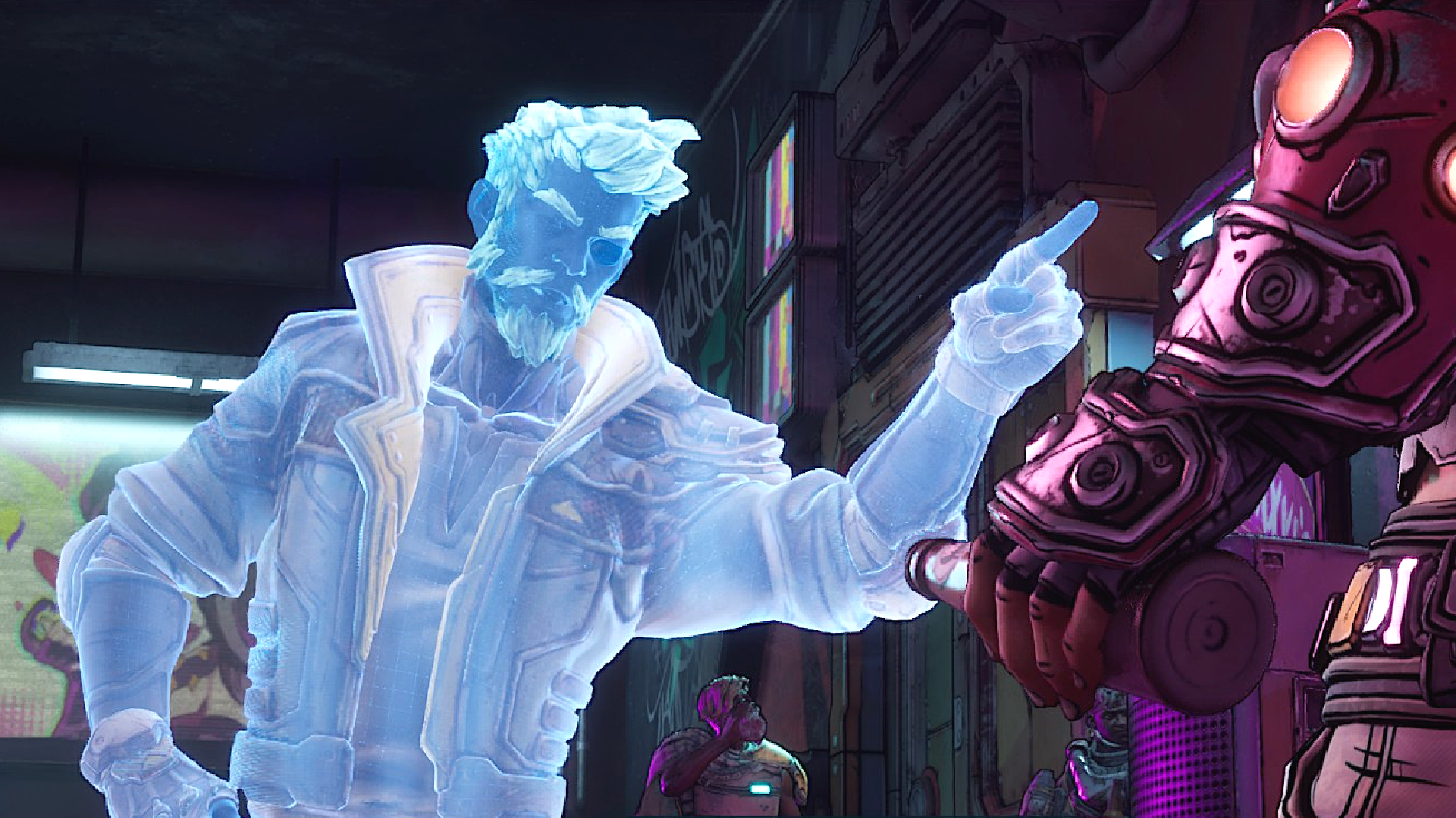 Zane&#039;s hologram points at a rowdy bar patron in Borderlands 4.