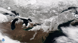 The Suomi NPP satellite took this image of the snow-covered northeastern United States and Canada on March 18, 2018. The image was created by combining the three color channels of the satellite's Visible Infrared Imaging Radiometer Suite (VIIRS) instrument.