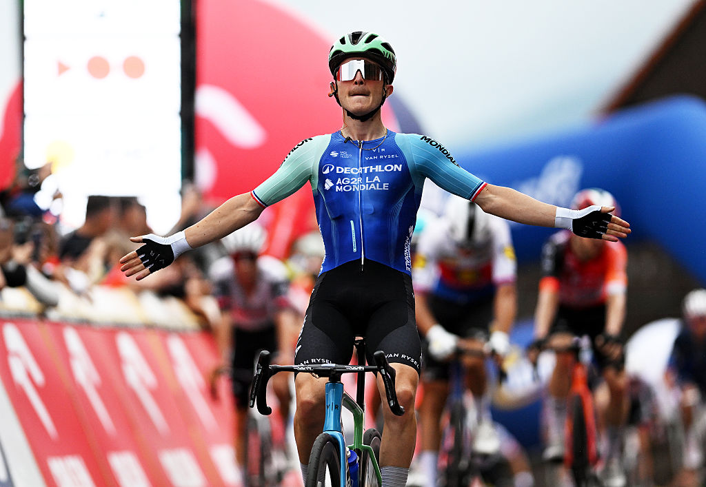 Paul Lapeira of France and Team Decathlon AG2R La Mondiale celebrates at finish line as stage winner during the 82nd Tour de Pologne 2025, Stage 2 a 149.4km stage from Hotel Golebiewski Karpacz to Karpacz / #UCIWT / on August 05, 2025 in Karpacz, Poland. (Photo by Luc Claessen/Getty Images)