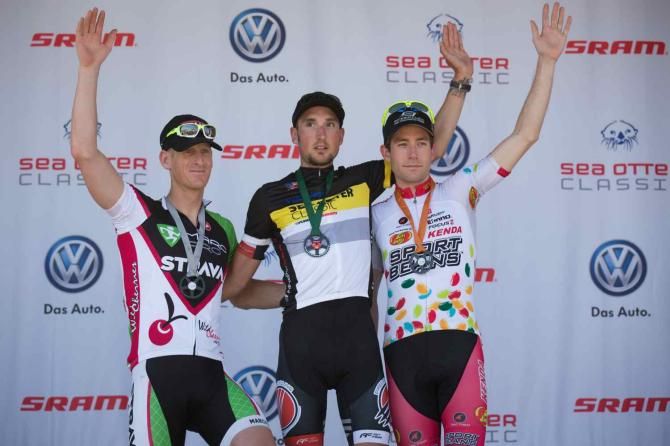 The men's final GC podium with Kirk Carlsen (Predator Carbon Repair) on the top step with Justin Rossi (Marc Pro-Strava) in second and Morgan Schmitt (Jelly Belly) in third.