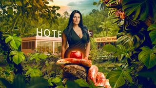 An image of Sam superimposed on a jungle background with temptations in the form of a hotel and Chinese take away. There is also a bright red apple in the foreground with a dangerous looking orange snake coiled around it. 