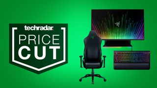 deals image: Razer Iskur chair, Raptor monitor, and Blackwidow keyboard on green background