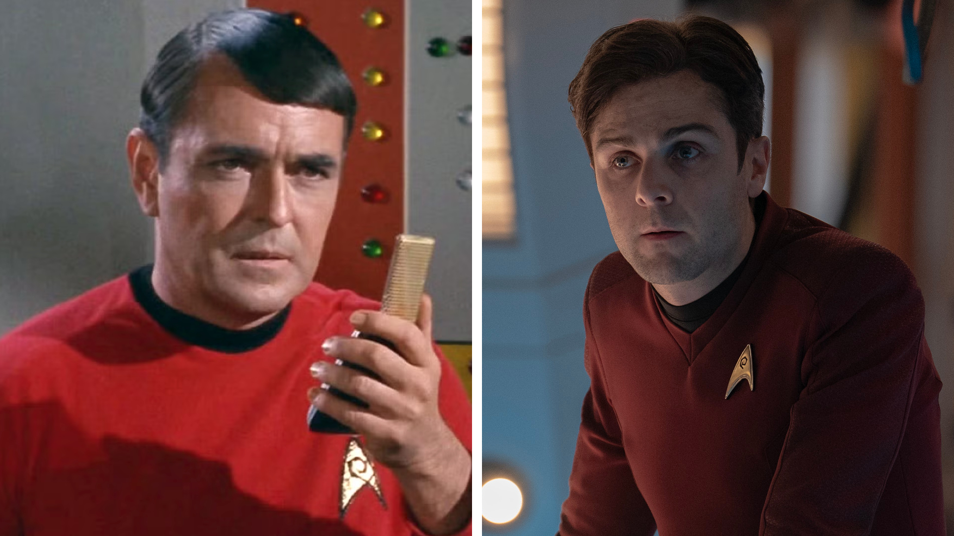 Split image showing James Doohan (Left) and Martin Quinn (Right), who played Lieutenant Montgomery Scott in Star Trek: The Original Series and Star Trek: Strange New Worlds, respectively.