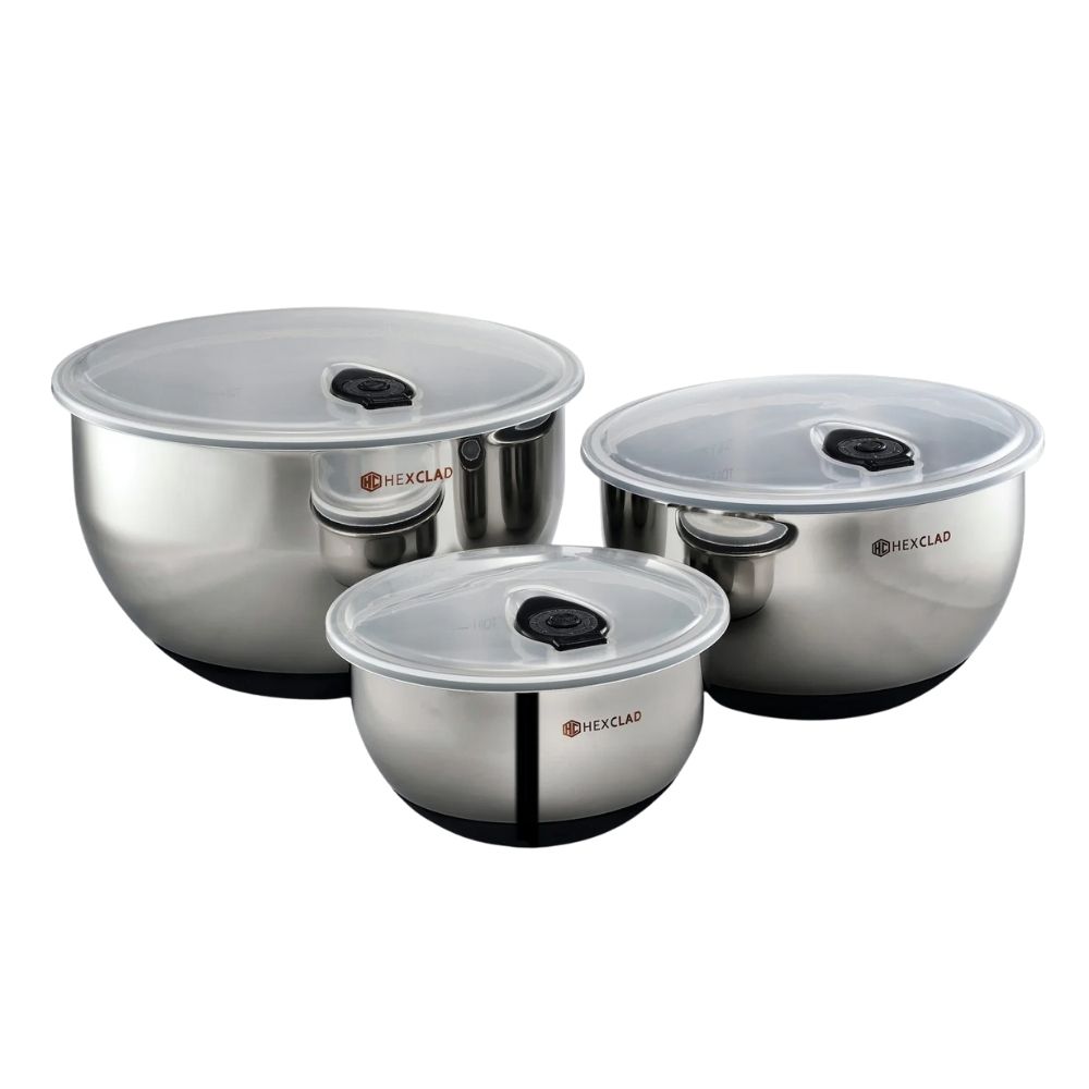 Stainless steel mixing bowls with vacuum seal plastic lids