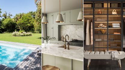 three images to illustrate the pointless home improvements that do not add value – on the left, a sunny garden with a swimming pool, in the middle, a modern kitchen with an island, and to the right, a walk-in wardrobe full of clothes and accessories