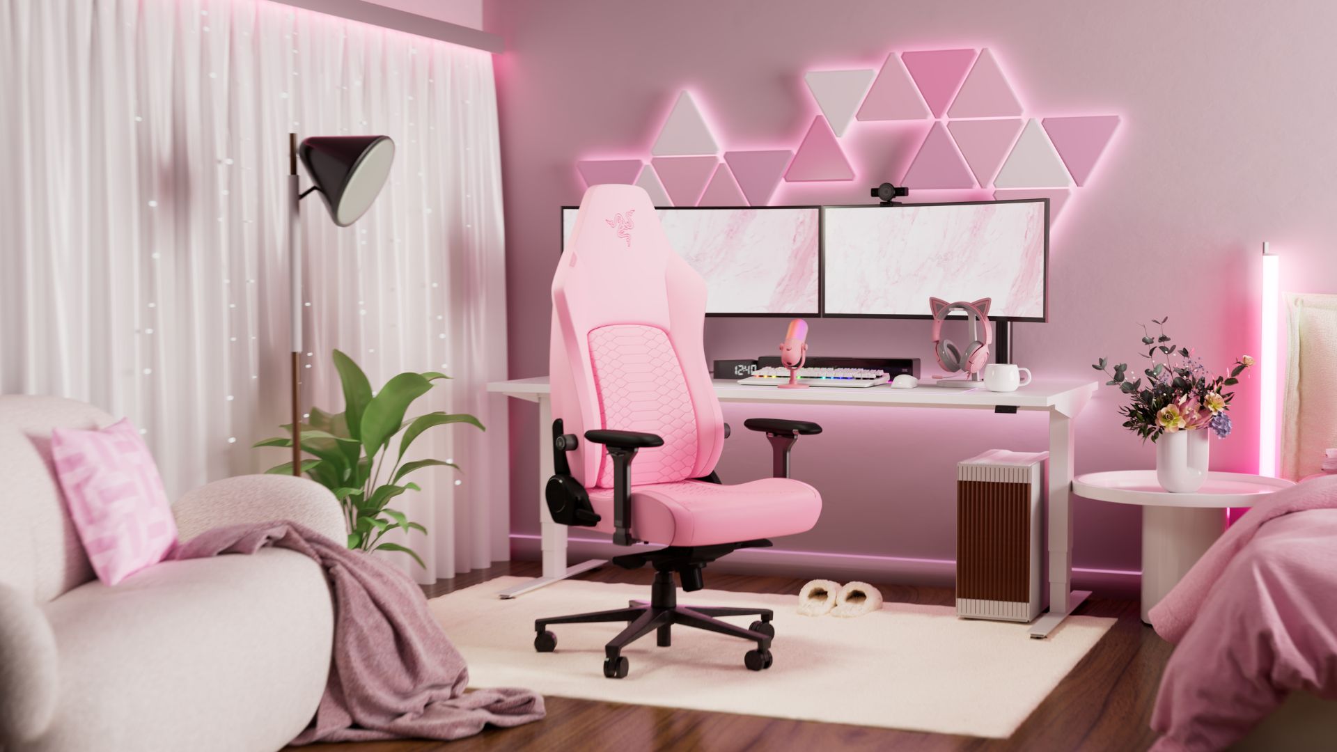 Razer Iskur V2 NewGen gaming chair (pink) in a pink gaming setup