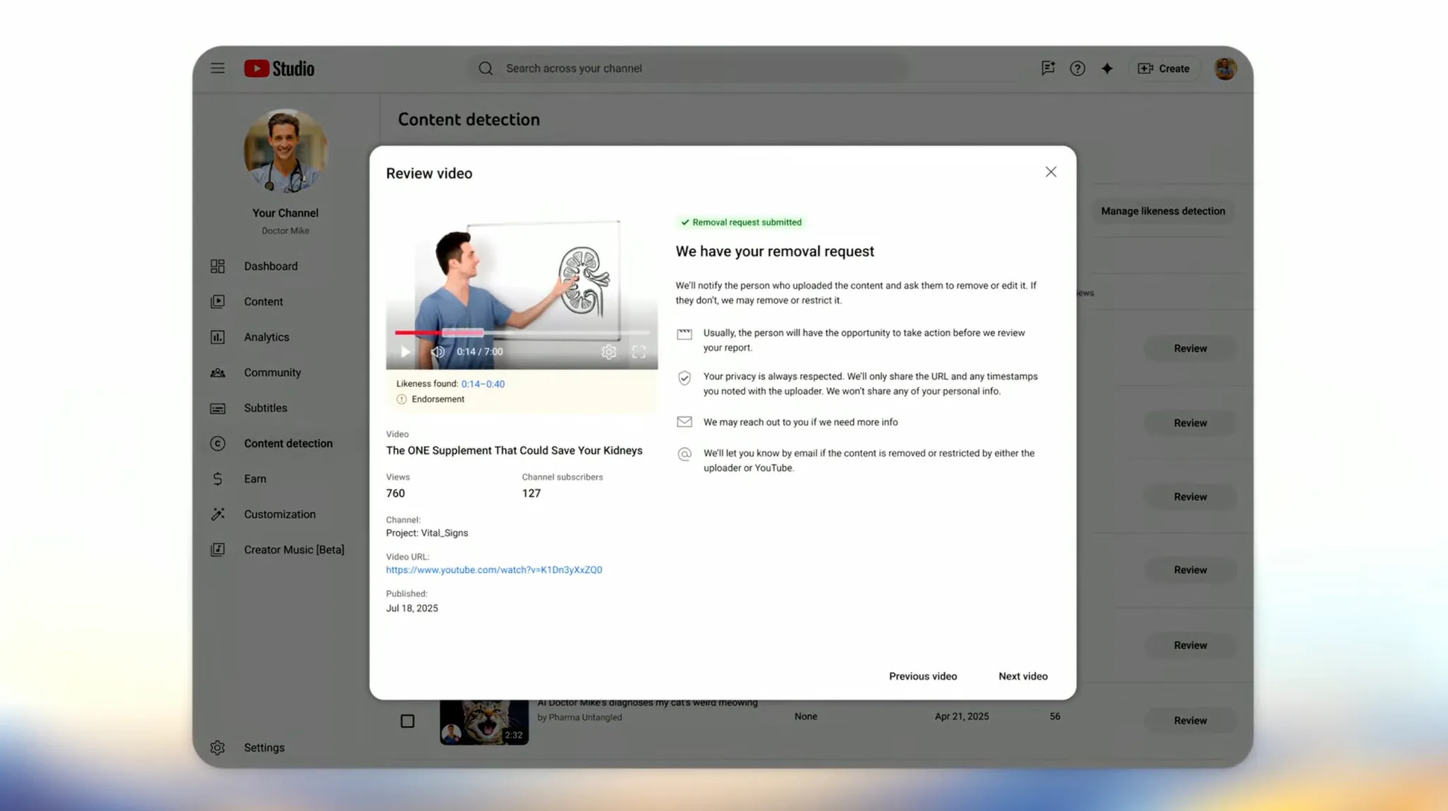 YouTube likeness detection tool in action