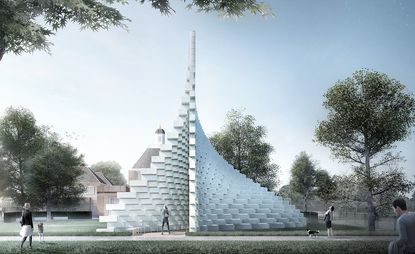 Rendering of a design for the Serpentine Pavilion of white blocks in a pyramid shape