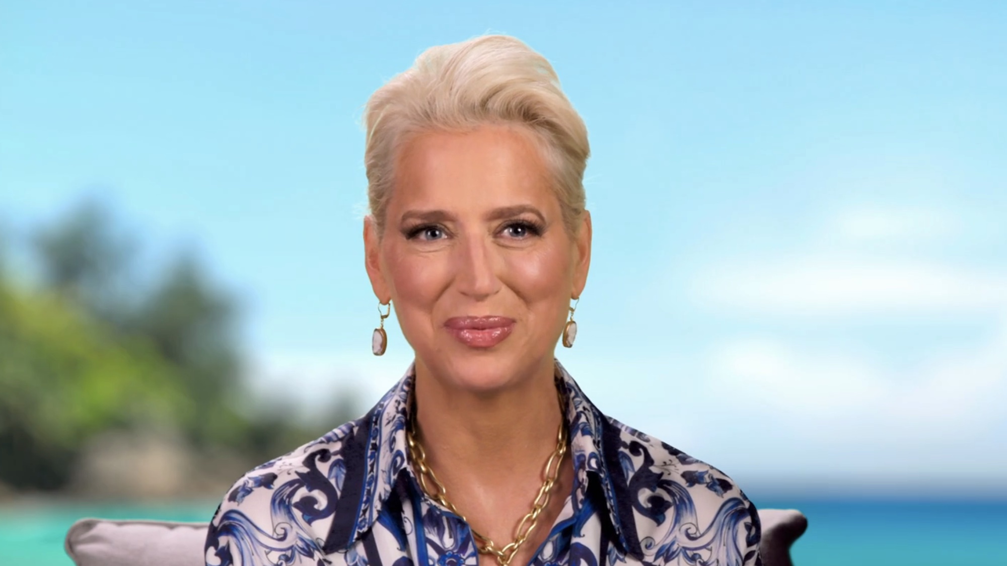 Dorinda wearing blue in a confessional for Ultimate Girls Trip.