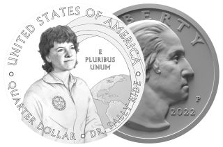 The obverse and reverse designs for the 2022 American Women quarter dollar coin honoring astronaut Sally Ride, as recommended by the U.S. Commission of Fine Arts (CFA) and Citizens Coinage Advisory Committee (CCAC). 