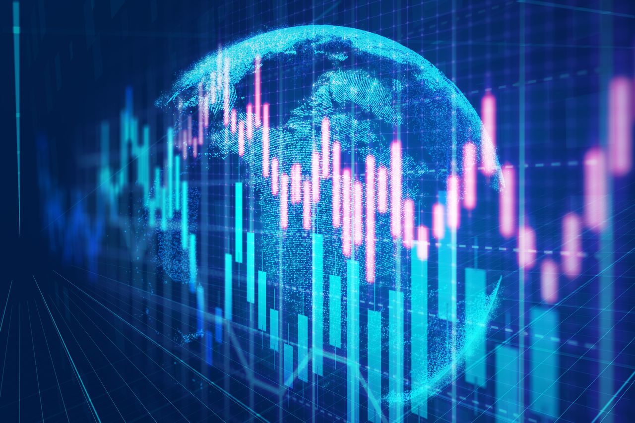 A glowing particle earth and stock chart on a dark blue background. Concept image of investment for future.