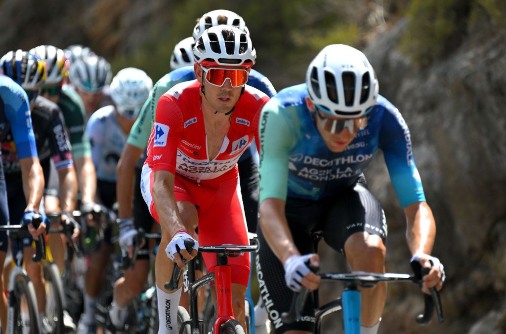 CAZORLA SPAIN AUGUST 24 Ben OConnor of Australia and Team Decathlon AG2R La Mondiale Red Leader Jersey competes during the La Vuelta 79th Tour of Spain 2024 Stage 8 a159km stage from Ubeda to Cazorla 1056m UCIWT on August 24 2024 in Cazorla Spain Photo by Tim de WaeleGetty Images