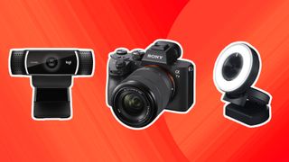 Three of the best cameras for streaming on a gradient background. 