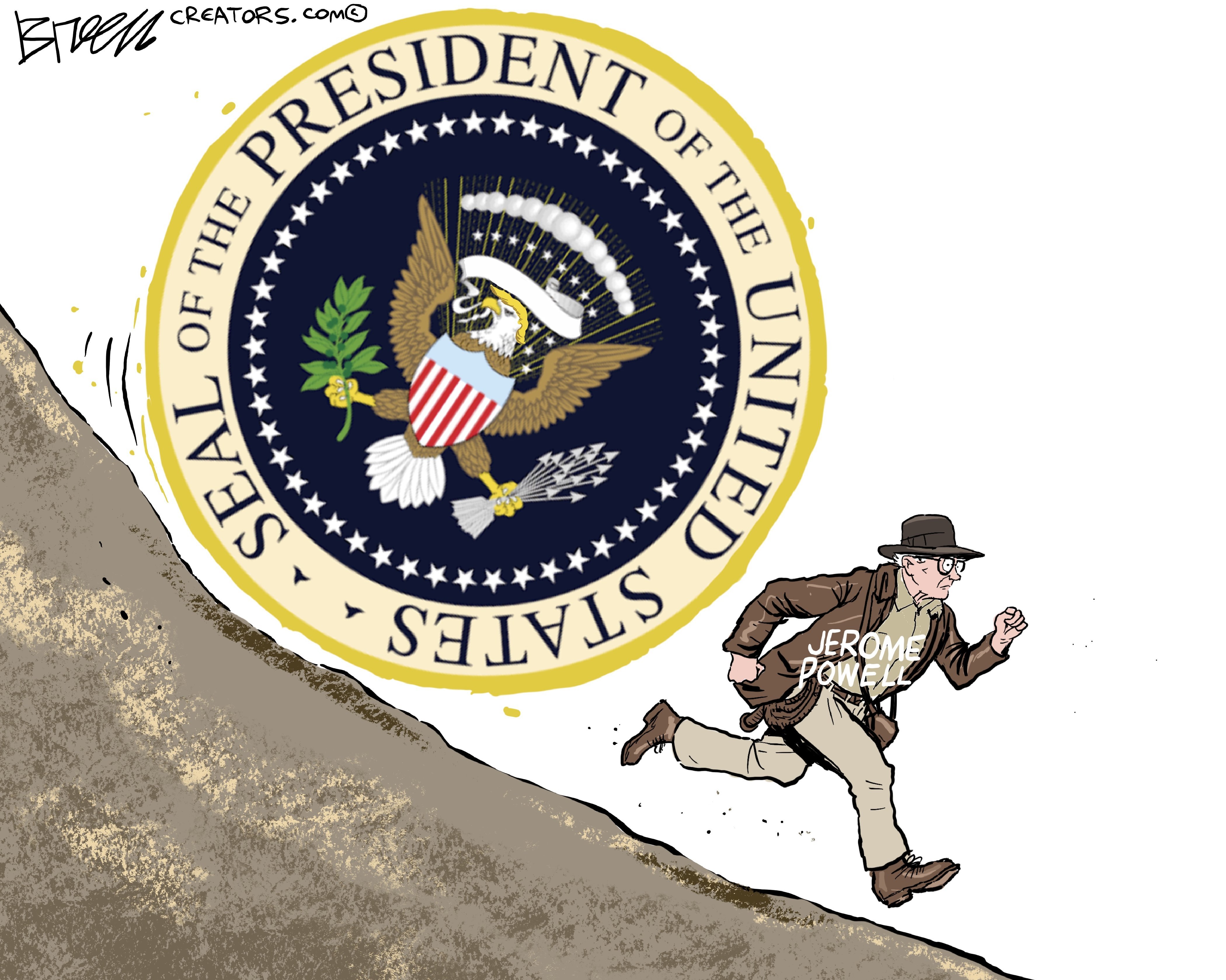 This cartoon references the scene in &amp;ldquo;Raiders of the Lost Ark&amp;rdquo; where Indiana Jones runs to avoid being crushed by the giant, rolling boulder. In this version, the boulder is a giant seal of the President of the United States and the man running from it is Jerome Powell, dressed as Indiana Jones.