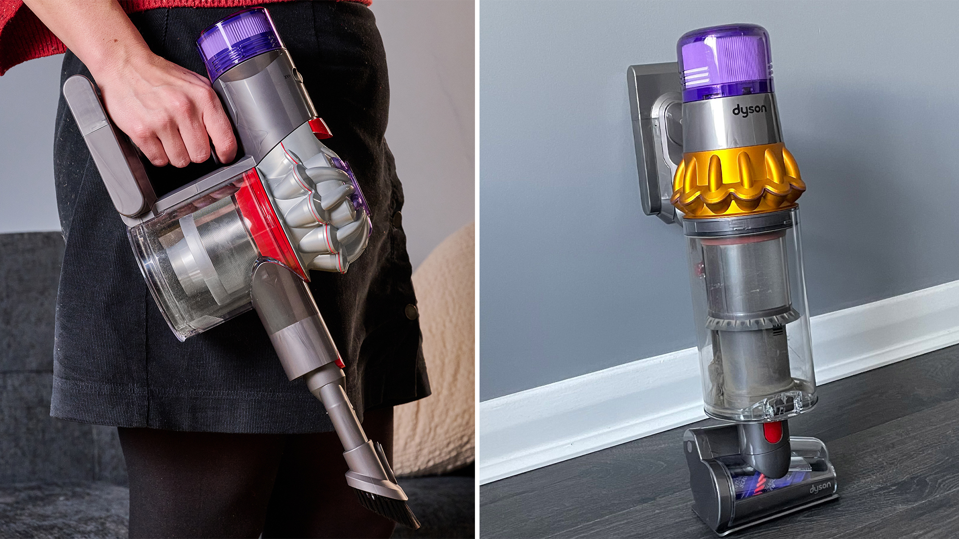 Dyson V8 vacuum (left) and V15 (right), both in handheld mode