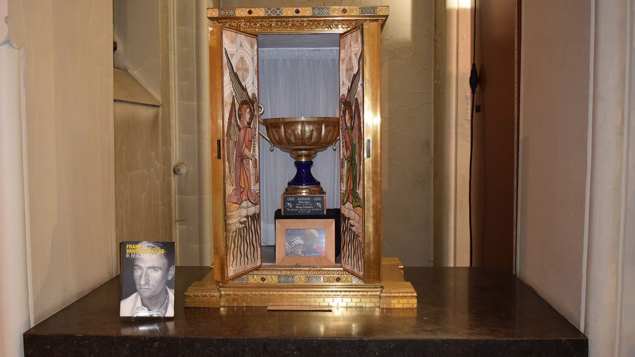 Frank Vandenbroucke is remembered with his Liege-Bastogne-Liege trophy from 1999, entrusted by the church from Vandenbroucke's family