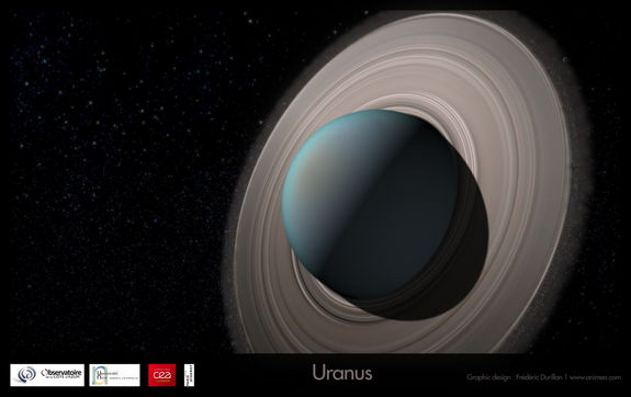 Artist's view of Uranus with rings, giving birth to its satellite system.