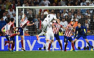 Sergio Ramos rises to head home a late equaliser for Real Madrid against Atletico Madrid in the 2014 Champions League final.