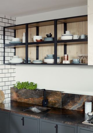 black metal open shelving idea in a modern industrial style with white subway tiles
