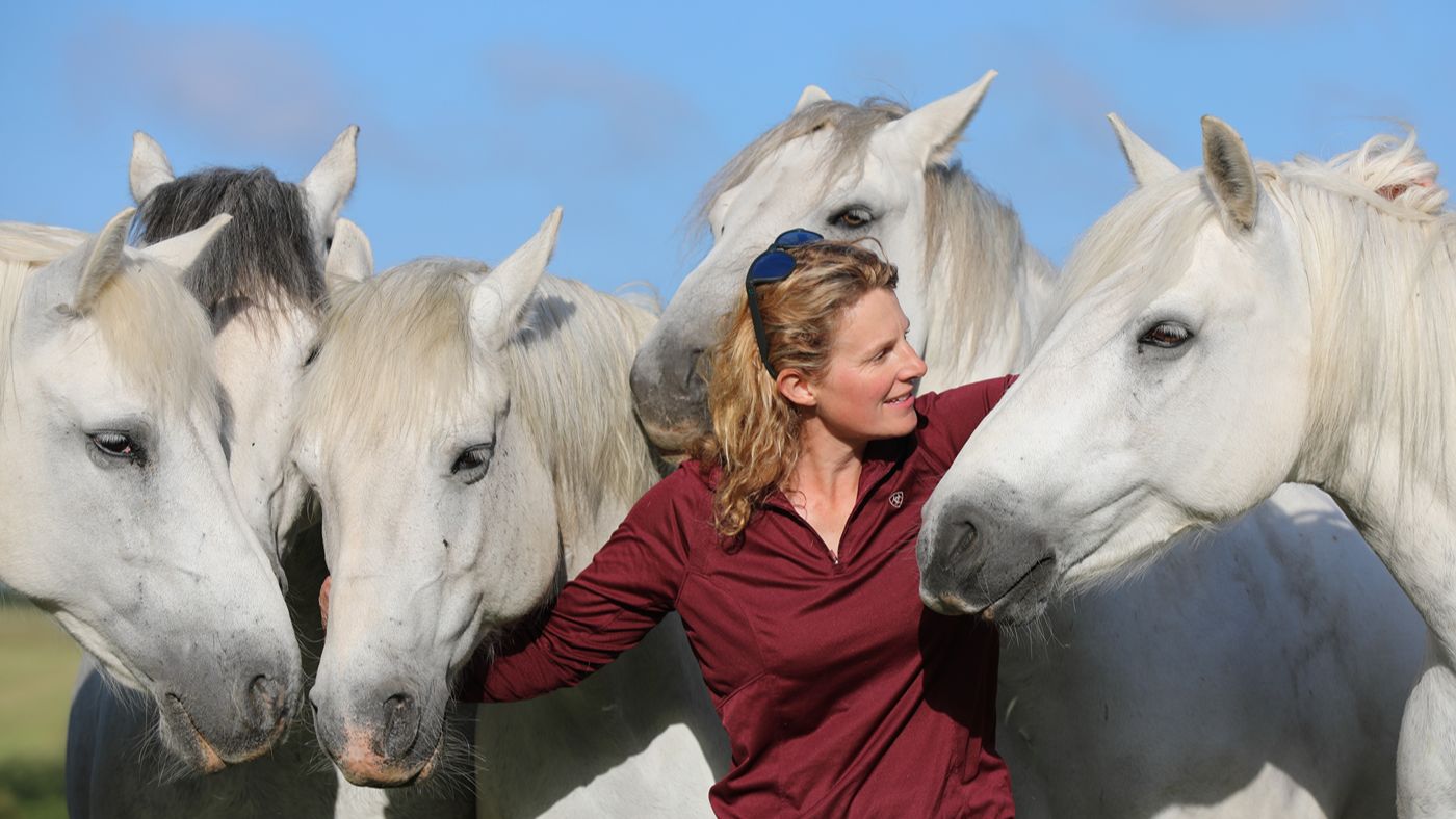 Emma Massingale with five grey Connemara ponies