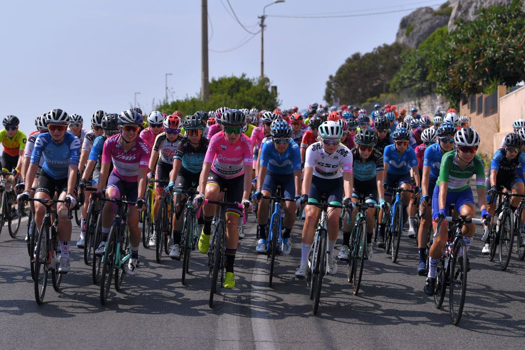 TERRACINA ITALY SEPTEMBER 15 Liane Lippert of Germany and Team Sunweb UCI Blue Best Young Rider Jersey Katarzyna Niewiadoma of Poland and Team Canyon SRAM Racing Purple Points Jersey Annemiek Van Vleuten of The Netherlands and Team Mitchelton Scott Pink Leader Jersey Emma Norsgaard Jorgensen of Denmark and Team Paule Ka White Best Young Jersey Peloton during the 31st Giro dItalia Internazionale Femminile 2020 Stage 5 a 1103km stage from Terracina to Terracina GiroRosaIccrea GiroRosa on September 15 2020 in Terracina Italy Photo by Luc ClaessenGetty Images