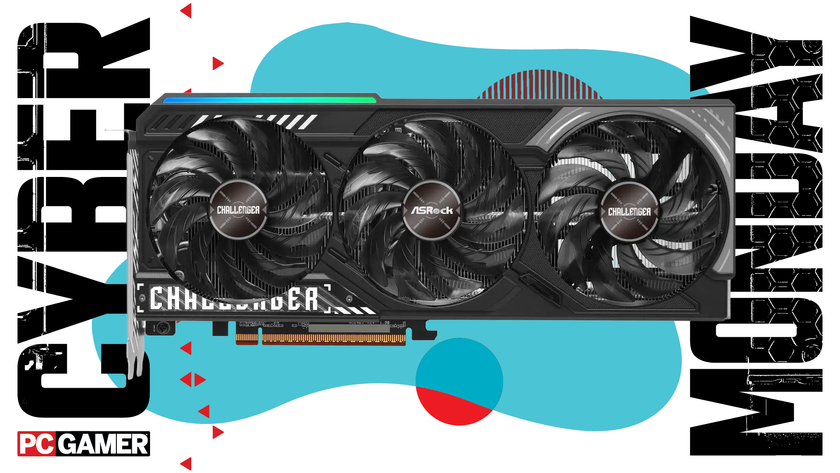 An ASRock graphics card on a blue Cyber Monday background.