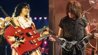 LEFT: Steve Vai plays his distinctive three-neck-heart-shaped-guitar on stage with David Lee Roth at Budokan, Tokyo, Japan, 3rd October 1988. RIGHT: Michael Angelo Batio playing his duel headed Dean guitar. Live on stage at the Dean DOA event at the Albany Theatre, August 11, 2009
