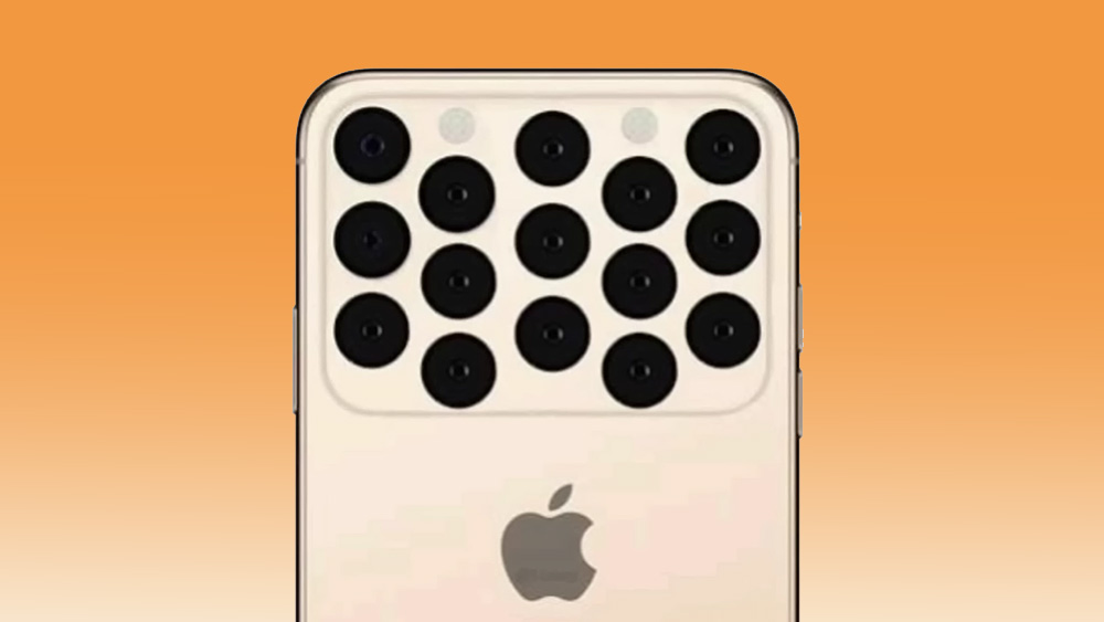 A satirical render of what the iPhone 20 probably won&#039;t look like, showing an iPhone-like device with 15 camera lenses