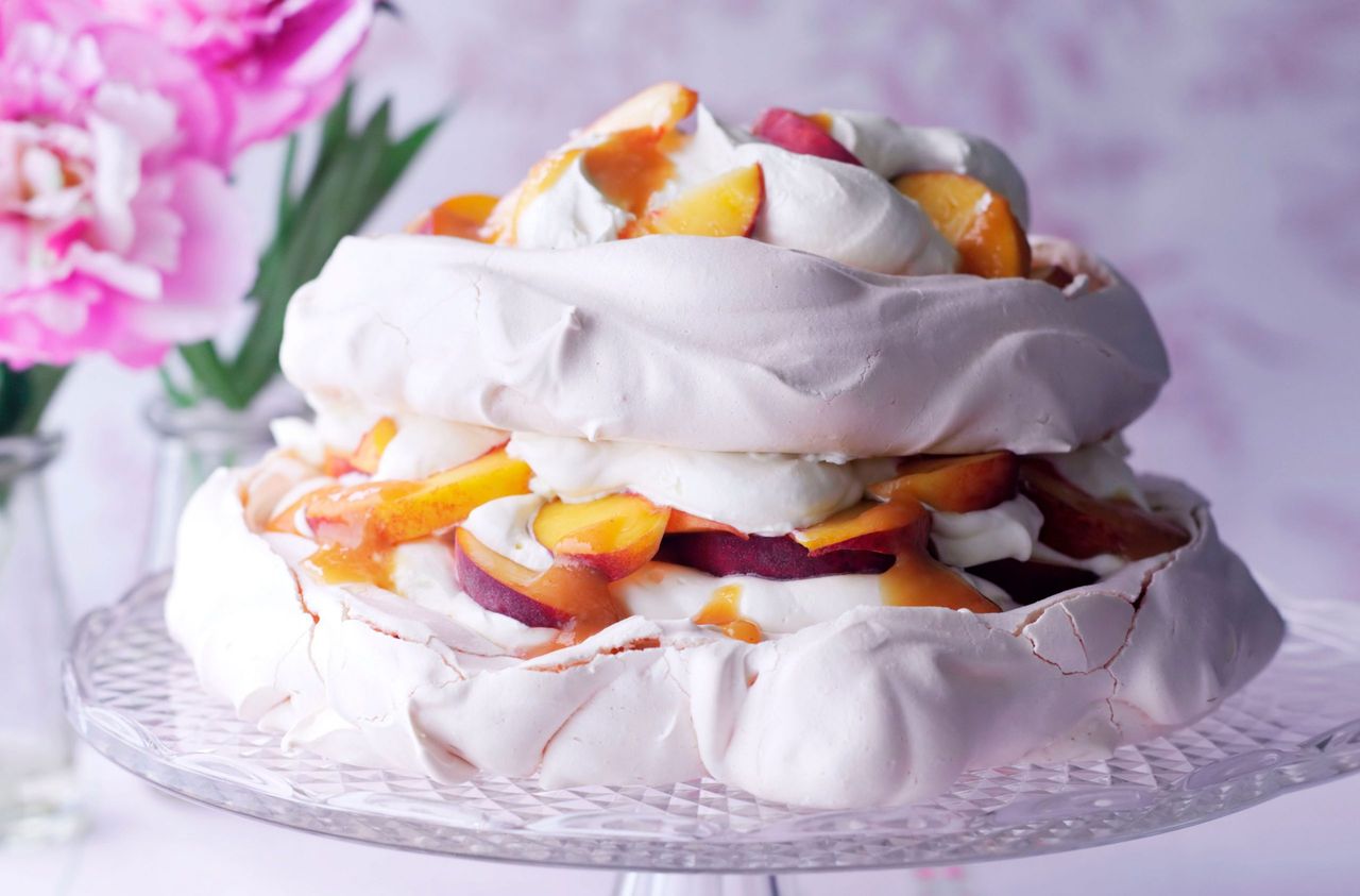 Peach and passion fruit pavlova